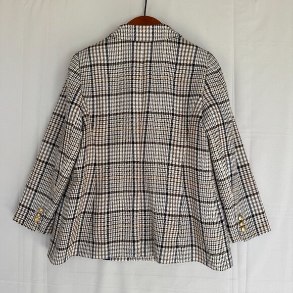 Talbots Petite Brown Ivory Blue Plaid Gold Double Breasted Blazer Size 16 Petite - Picture 7 of 15